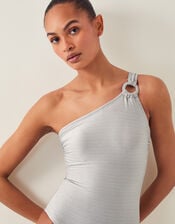 Kimi Glitter One-Shoulder Swimsuit, Silver (SILVER), large