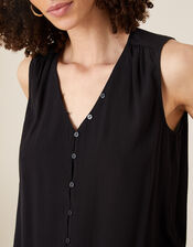 Button Front V-Neck Tank Top, Black (BLACK), large