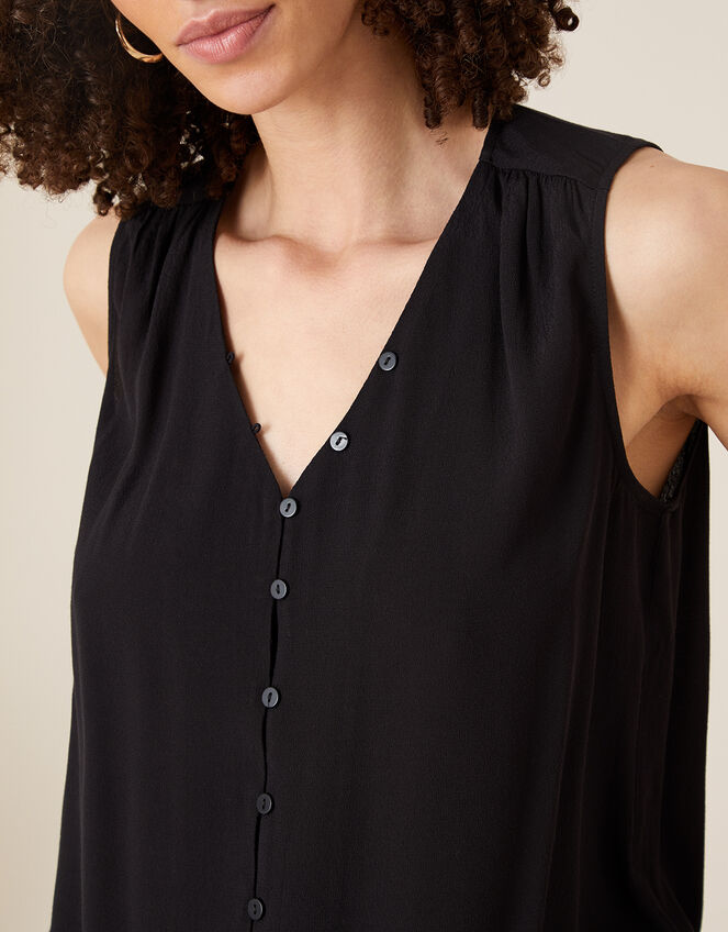 Button Front V-Neck Tank Top, Black (BLACK), large