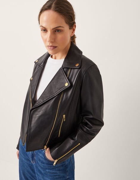 Leather Biker Jacket , Black (BLACK), large