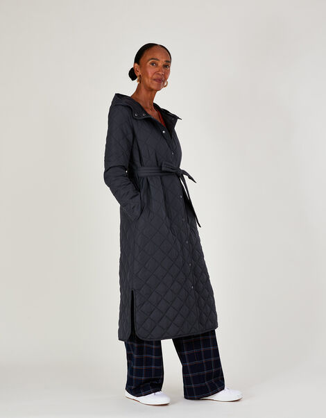 Quinn Quilted Hooded Longline Coat in Recycled Polyester Grey, Grey (GREY), large