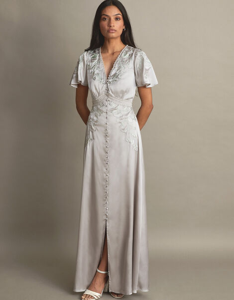 Mia Satin Embroidered Maxi Dress Silver, Silver (SILVER), large
