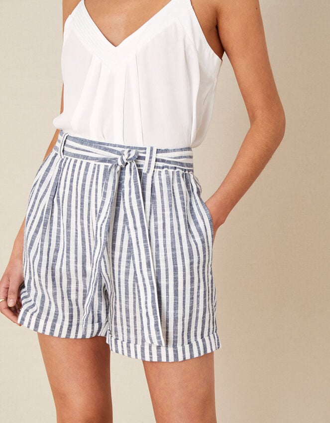 Stripe Print Belted Shorts, Blue (NAVY), large