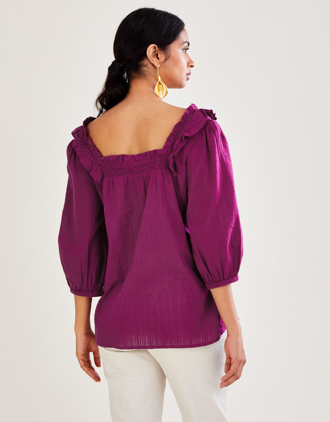 Plain Seersucker Square Neck Top in Sustainable Cotton, Purple (PURPLE), large