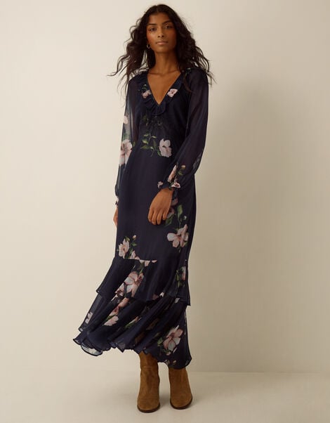 Rowena V-Neck Ruffle Floral Print Maxi Dress, Blue (NAVY), large
