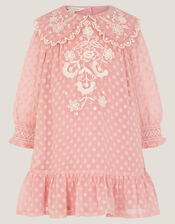 Baby Polka Dot Embroidered Collar Dress, Pink (PINK), large