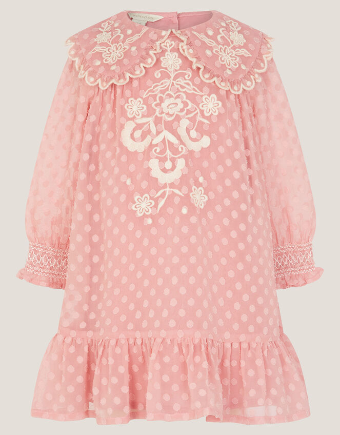 Baby Polka Dot Embroidered Collar Dress, Pink (PINK), large
