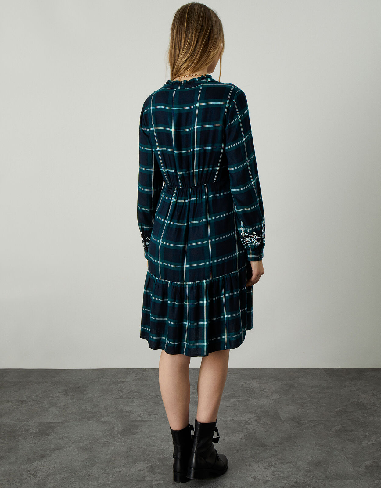 Check Embroidered Tiered Dress Blue 