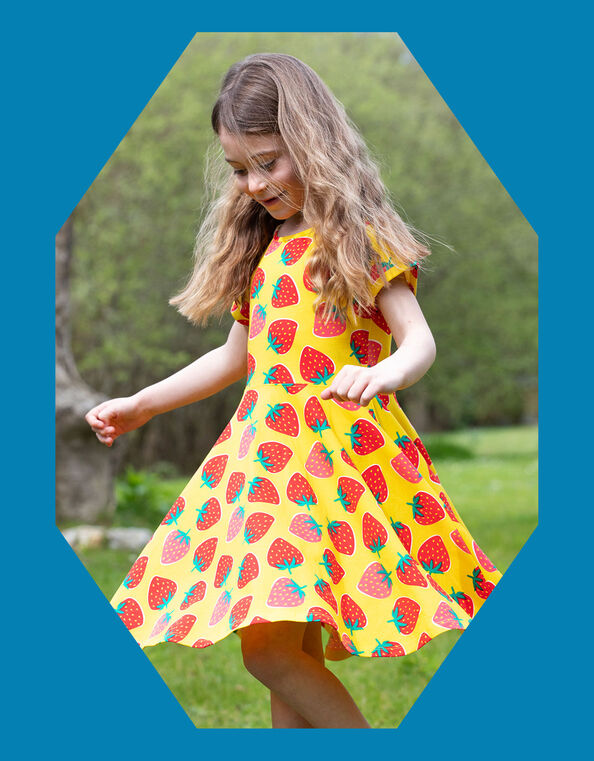 Frugi Strawberry Print Skater Dress, Yellow (YELLOW), large