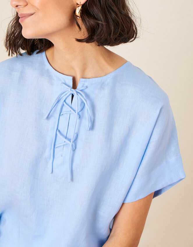 Tie Neck Top in Pure Linen, Blue (BLUE), large