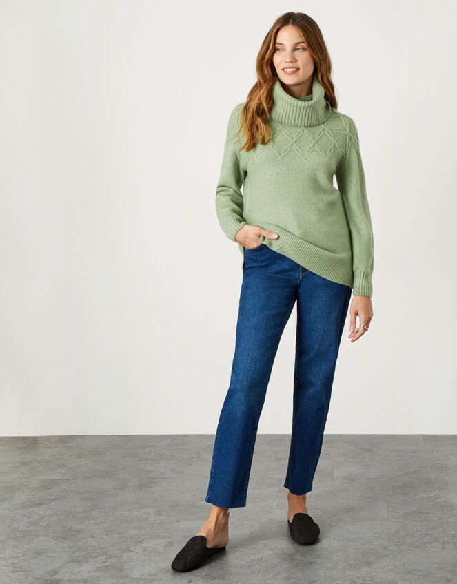 Cowl Neck Stitch Detail Longline Jumper, Green (GREEN), large