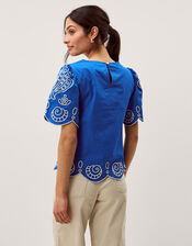Keira Short Sleeve Embroidered Top, Blue (COBALT), large