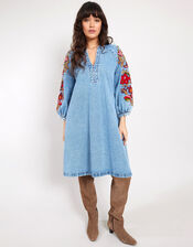 East Embroidered Denim Dress, Blue (BLUE), large