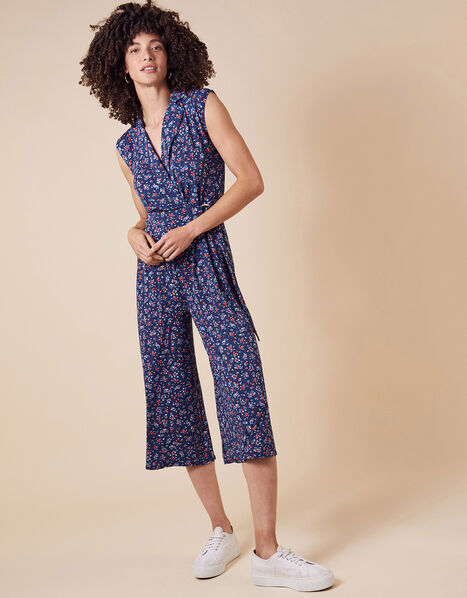 Dione Ditsy Floral Jersey Jumpsuit Blue, Blue (NAVY), large