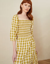 Smocked Check Dress, Yellow (OCHRE), large