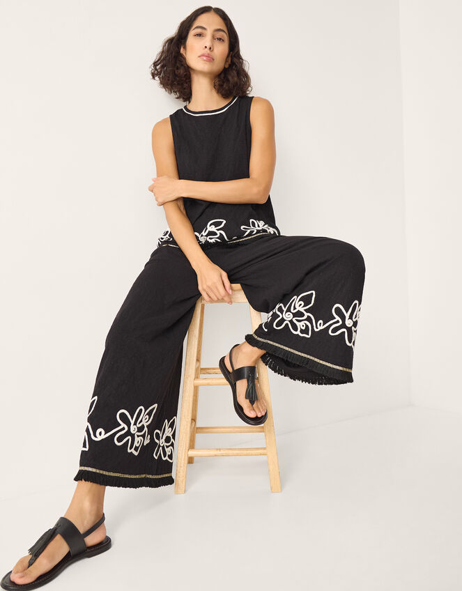 Sara Embroidered Wide Leg Pants, Black (BLACK), large