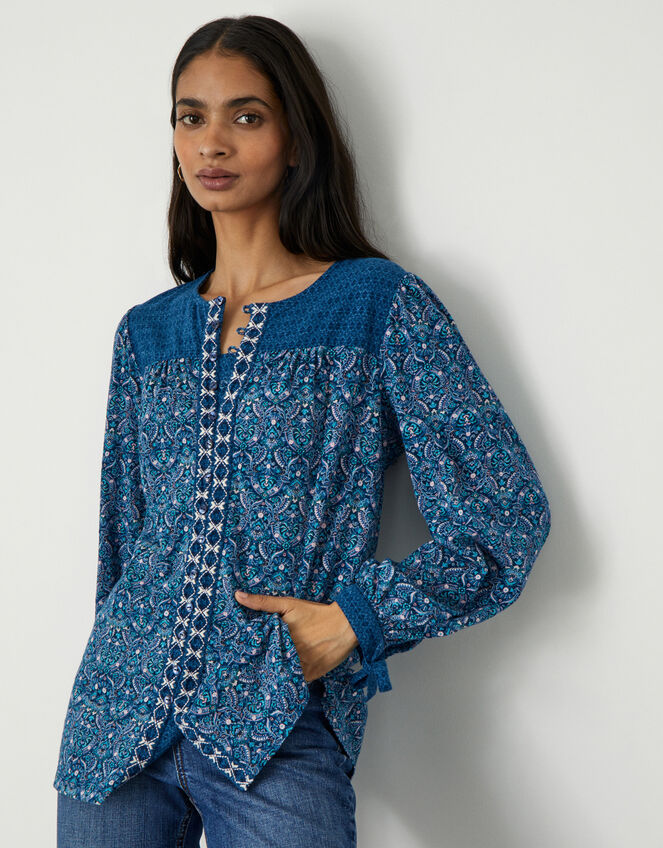 Paisley Print Embellished Jersey Top, Blue (NAVY), large