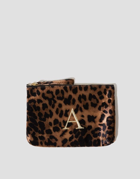Leopard Print Velvet Initial Purse, Brown (BROWN), large