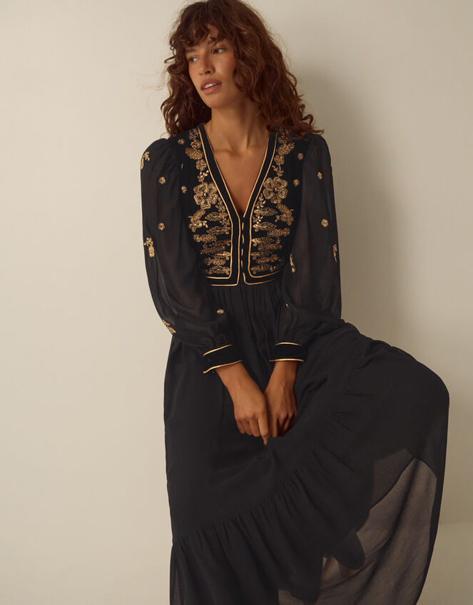 Ella Floral Embellished Velvet Maxi Dress, Black (BLACK), large