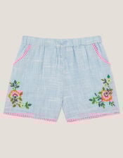 Floral Embroidered Slub Shorts, Blue (BLUE), large