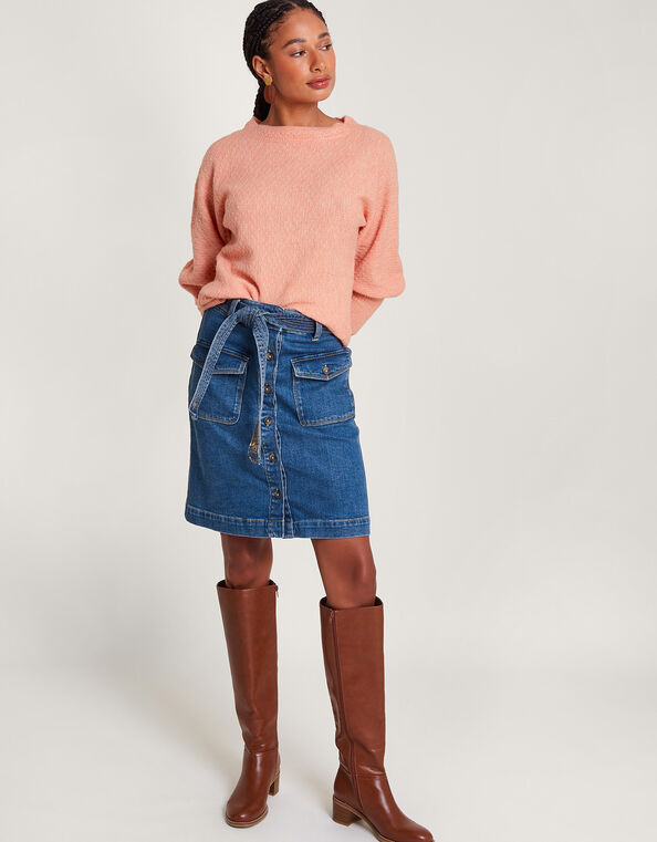 Denim Button Through Belted Skirt with Sustainable Cotton, Blue (INDIGO), large