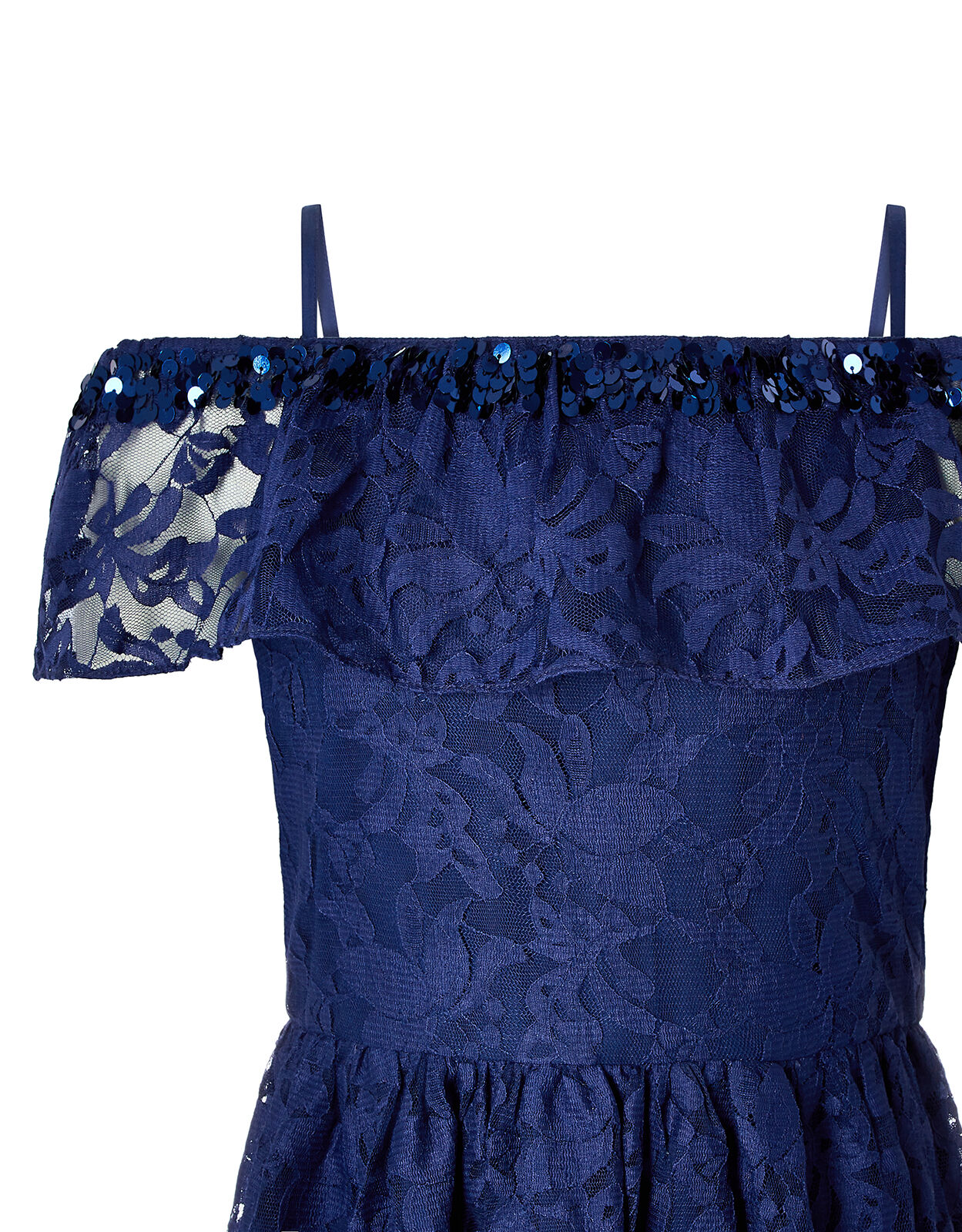 Lucy Sequin Lace Bardot Dress Blue