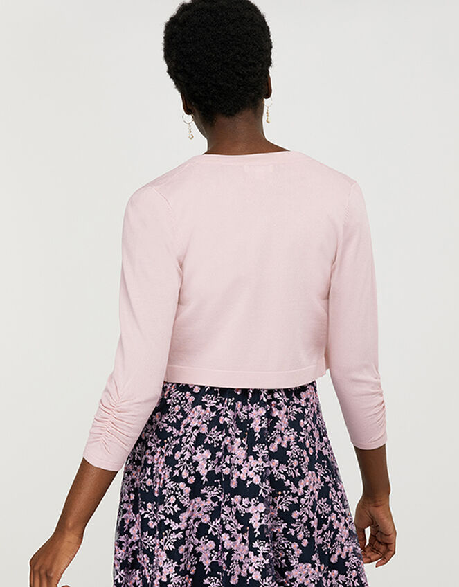 Riya Cropped Cardigan with Ruched Sleeves, Pink (BLUSH), large