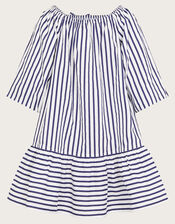 Stripe Puff Sleeve Dress, White (WHITE), large