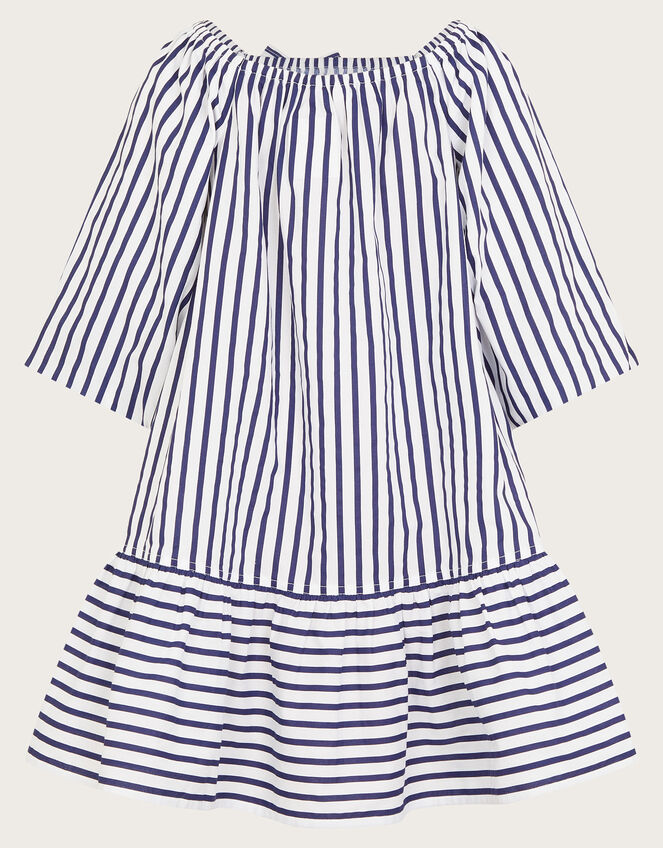 Stripe Puff Sleeve Dress, White (WHITE), large