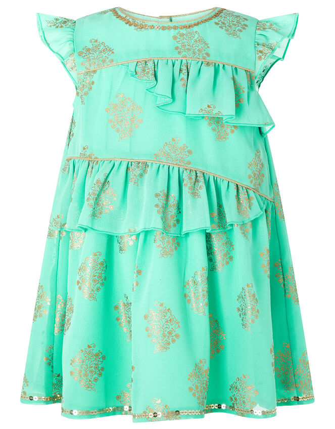 Baby Tansy Metallic Print Dress in Recycled Fabric, Blue (AQUA), large