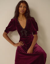 Vera V-Neck Velvet Midi Dress, Red (BURGUNDY), large