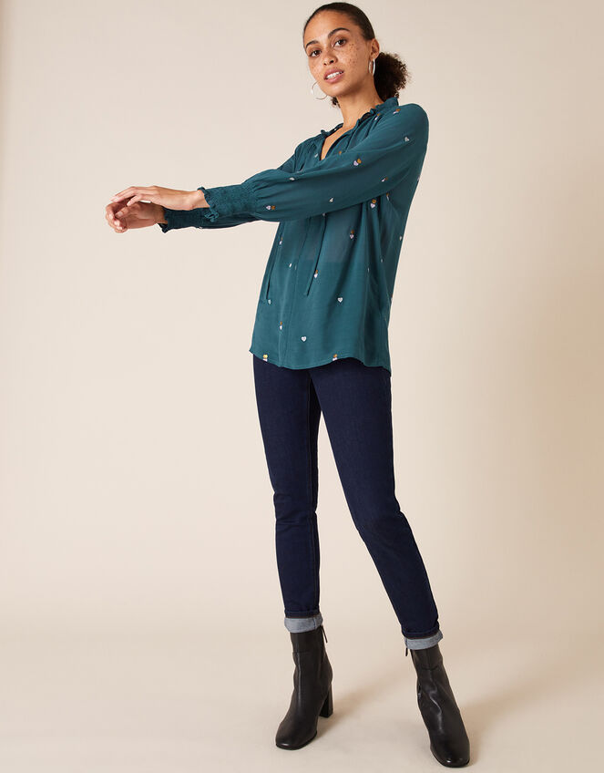Heart Embroidery Blouse in Sustainable Viscose, Teal (TEAL), large
