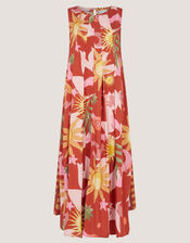 Anissa Print Pleated Midi Dress, Orange (ORANGE), large