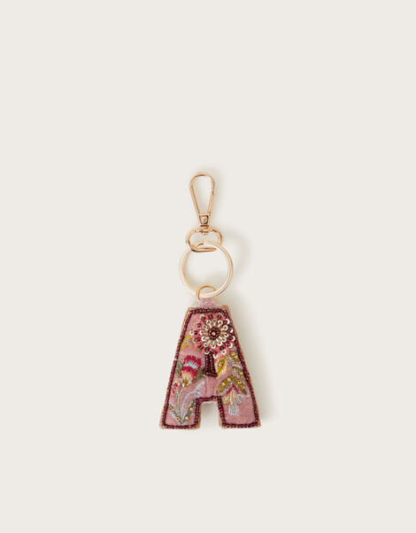 Embellished Floral Initial Keyring, Pink (PINK), large