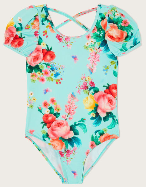 Floral Puff Sleeve Swimsuit, Blue (TURQUOISE), large