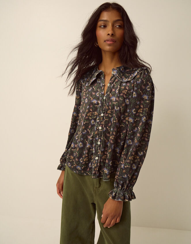 Carly Floral Velvet Shirt, Brown (BROWN), large