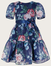 Floral Organza Puff Sleeve Dress, Blue (BLUE), large
