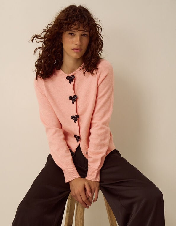 Bonny Beaded Bow Cardigan, Pink (BLUSH), large