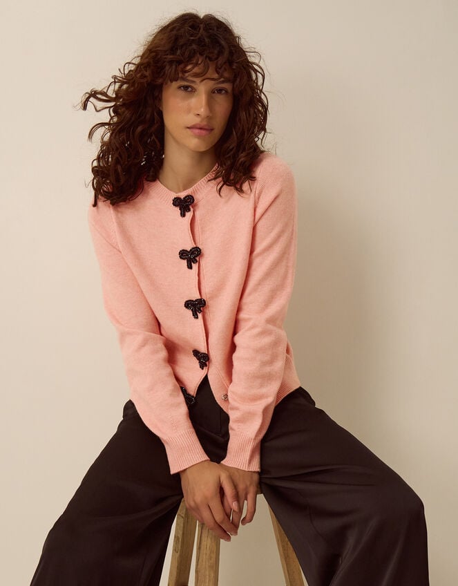Bonny Beaded Bow Cardigan, Pink (BLUSH), large