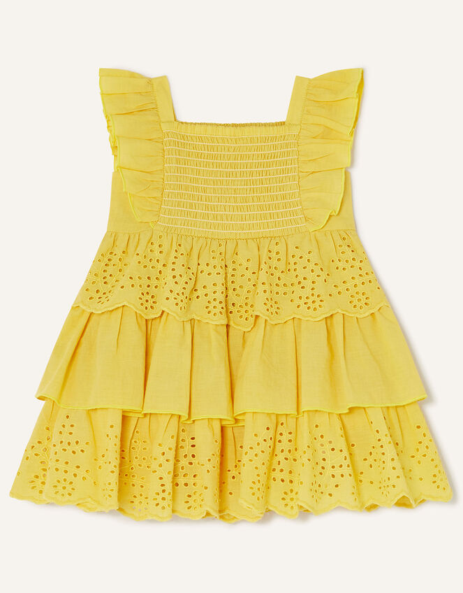 Baby Shirred Schiffli Dress in Sustainable Cotton, Yellow (YELLOW), large