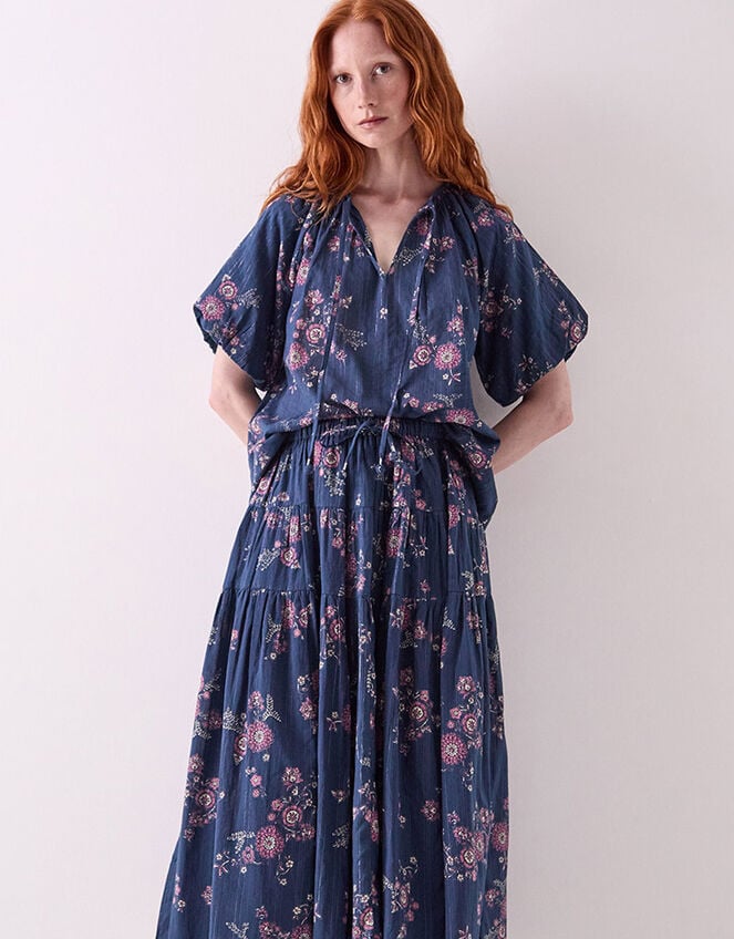 East Layla Floral Print Cotton Midi Skirt, Blue (BLUE), large
