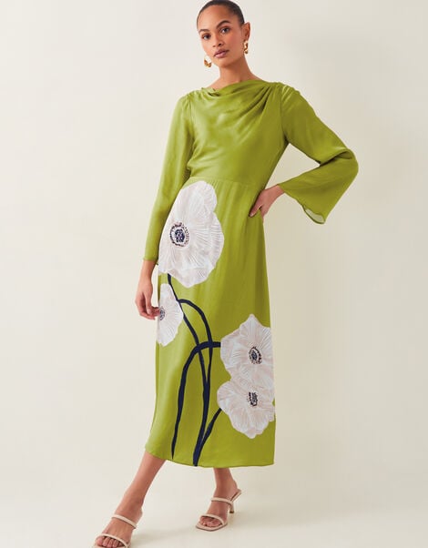 Molly Floral Print Satin Dress, Green (OLIVE), large