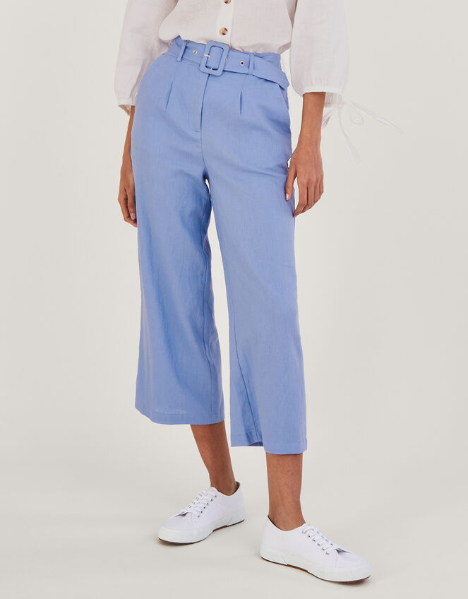 Livia Belted Linen Culottes, Blue (BLUE), large