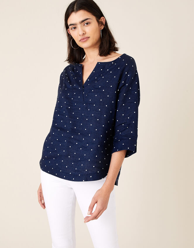 Spot Print Top in Pure Linen, Blue (NAVY), large