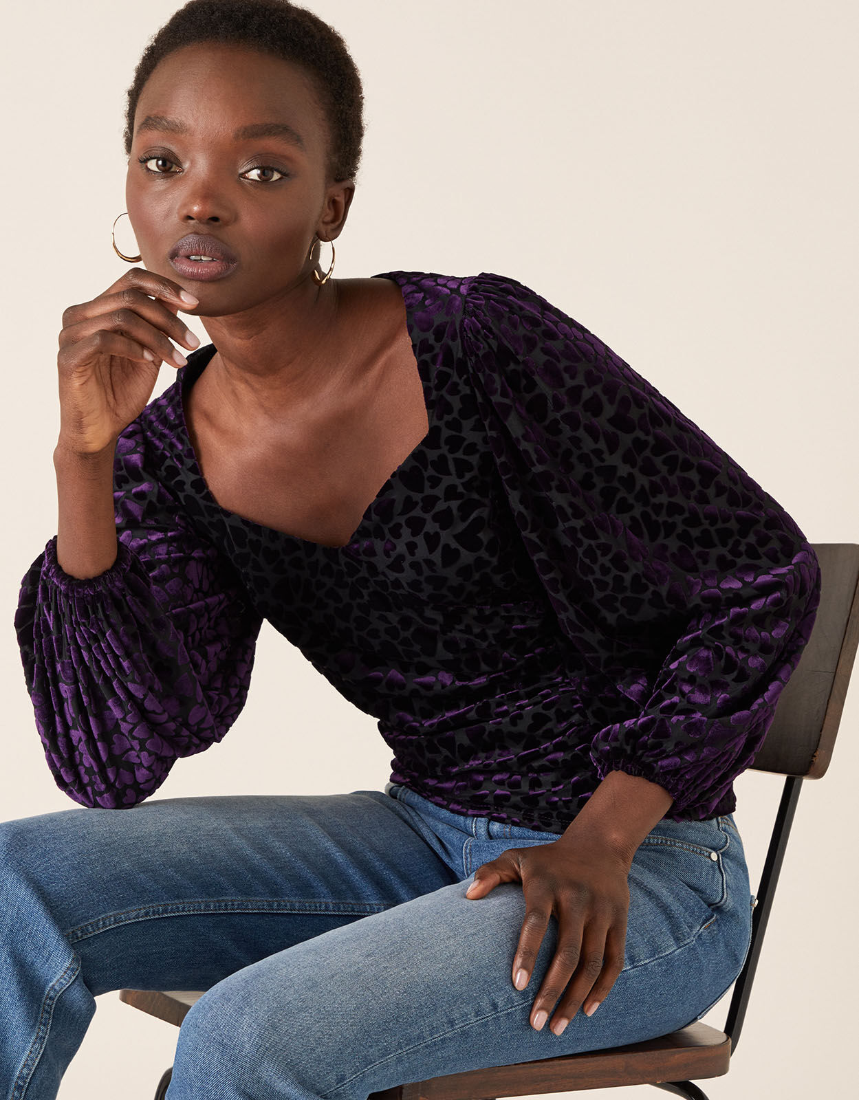 Helena Stretch Heart Devore Top Purple Blouses Shirts