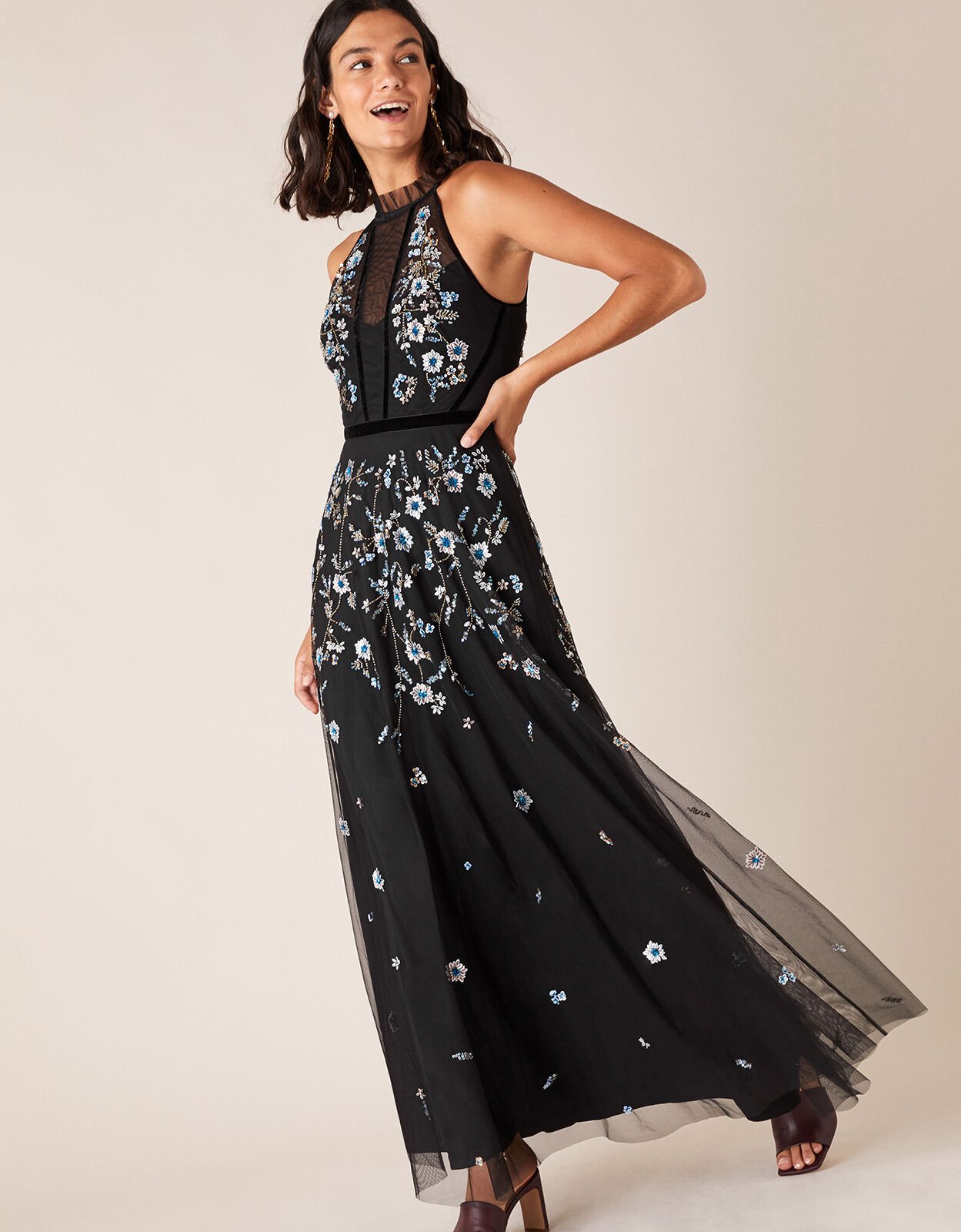 Antonia Floral Embellished Maxi Dress in Recycled Fabric Black