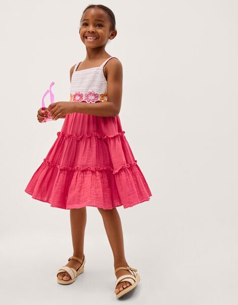 Crochet Flower Tiered Dress, Pink (PINK), large