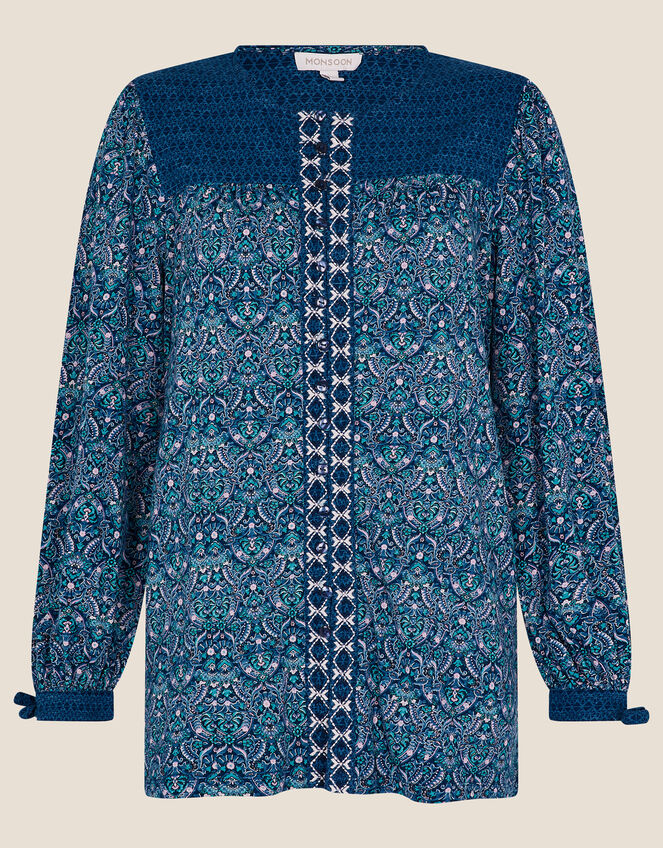 Paisley Print Embellished Jersey Top, Blue (NAVY), large