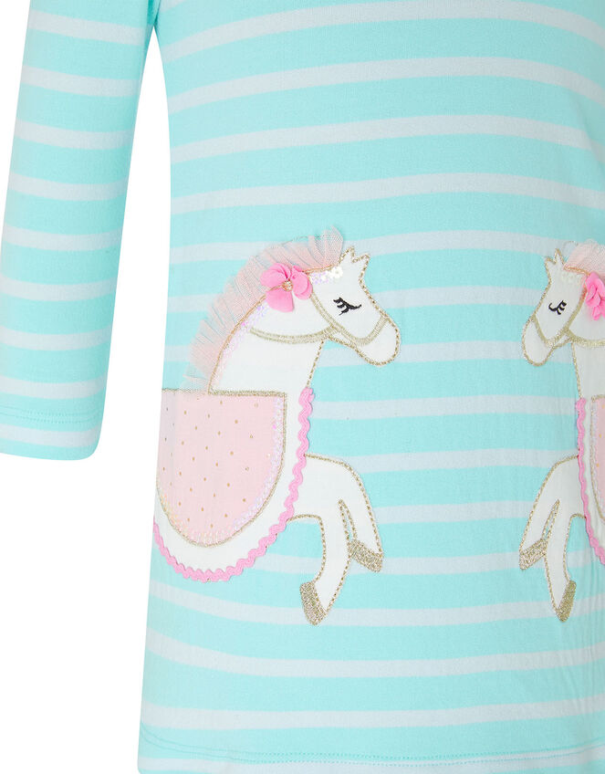 Baby Horse Stripe Sweat Dress in Organic Cotton, Blue (AQUA), large