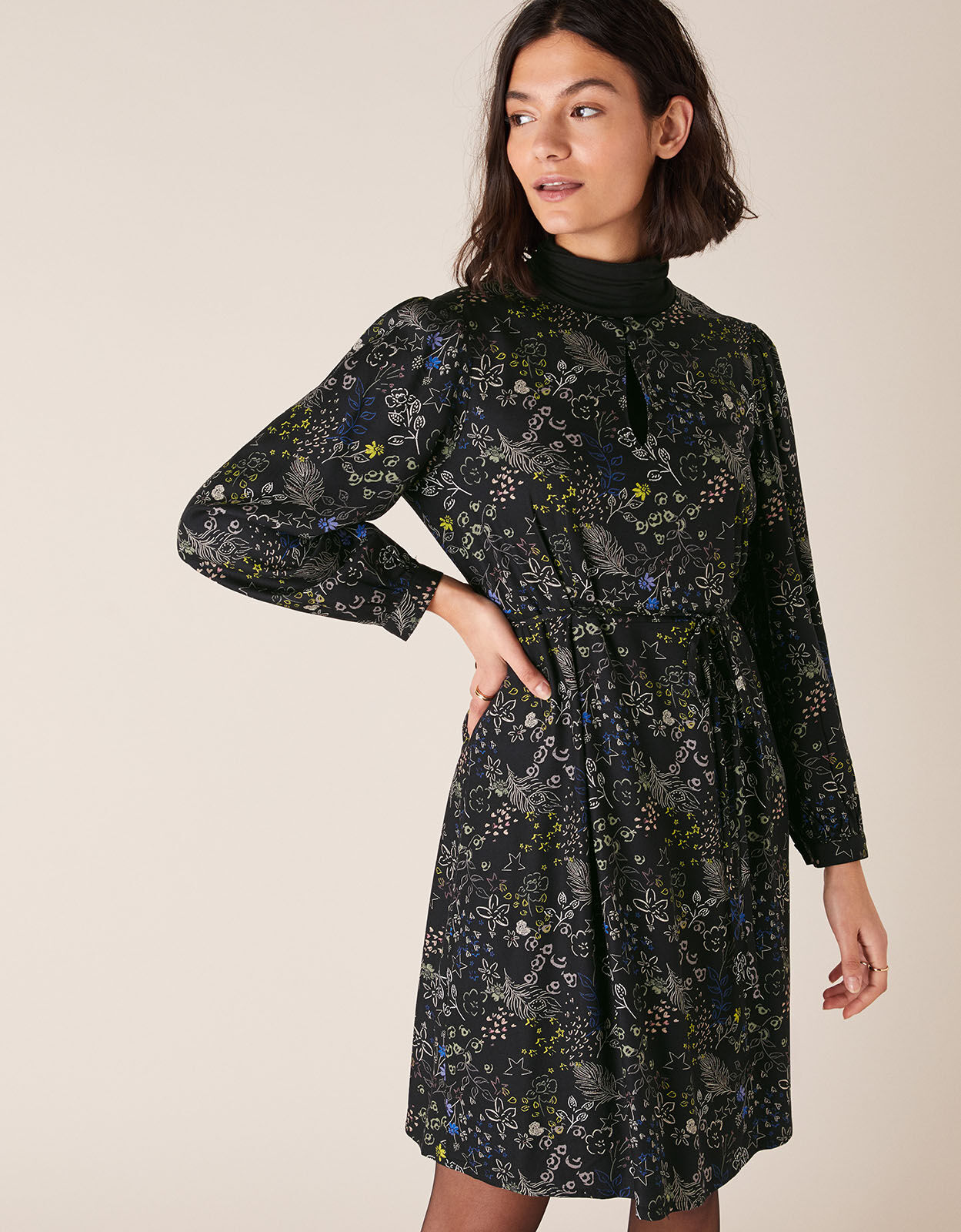 Printed Long Sleeve Short Dress Black Evening Dresses Monsoon